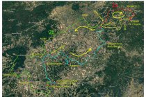 02s  Il percorso ha questa strana forma a caramella,  inizia a Gaiole e punta verso sinistra per incrociarsi con il ritorno a Pianella, poi prosegue verso Siena, Murlo, Montalcino e torna verso nord passando per S.Giovanni d'Asso, Buonconvento, Castelnuovo Berardenga, Pianella e Gaiole.  Noi (colpa mia che "guidavo") l'abbiamo fatta un pò più complicata, a causa di uno stupido errore dovuto in parte al gps, ma in realtà con il senno di poi quell'errore ci ha fatto anche comodo. L'errore è stato fatto la prima sera a Pianella, l'unico punto in cui il percorso di andata si incrocia con quello del ritorno. Ci siamo fermati a cenare in una trattoria proprio a Pianella, per raggiungere il posto abbiamo imboccato contromano (nel senso del percorso del giro) quella che sarebbe stata la via del ritorno verso Pianella (il percorso in azzurro per intenderci), così, a cena terminata quando siamo ripartiti, il gps (che è stupido) credeva che stessimo già tornando verso Gaiole e ci ha indirizzati verso Radda. Noi non ci abbiamo fatto caso, complice il buio e la preoccupazione di trovare una sistemazione per la notte. La mattina dopo siamo ripartiti pensando di andare verso Siena, che si vedeva in lontananza, ma poi dalle parti di Vagliagli ci siamo accorti che ci stavamo allontanando da Siena. Tornare indietro e andare dalla parte giusta voleva dire fare almeno 20 chilometri in più e perdere parecchio tempo prezioso, perciò abbiamo proseguito subito fino a Gaiole dove abbiamo ricaricato le bici sulla macchina e in 18 minuti ci siamo spostati a Pianella, siamo ripartiti in bici da li, nella direzione giusta, per chiudere il giro poi la domenica pomeriggio a Pianella.  Non so se sono stato chiaro.... Ho numerato le tappe per rendere più chiaro il nostro giro, venerdi sera la prima tappa in giallo, 22 km con 430 metri di salita, in rosso la prima parte del secondo giorno, dal campeggio improvvisato a Gaiole, poi ci siamo spostati a Pianella in auto e abbiamo ripreso a pedalare, in verde la seconda parte del secondo giorno fino al campeggio di S.Giovanno d'Asso, per un totale tra rosso e verde di 129 km (30+99) con 2600 metri di salita, infine la terza tappa in azzurro per chiudere il giro, 70,6 km con 1300 metri di salita.  Totale generale 221 chilometri con 4300 metri di dislivello positivo. Come accennavo, l'errore ci ha fatto comodo perchè ci abbiamo dovuto dar dentro per arrivare comunque all'unico campeggio,  a S.Giovanni d'Asso, ma il terzo giorno ci restavano solo 70 km invece che 90 e abbiamo anticipato un pò il lungo rientro a casa.