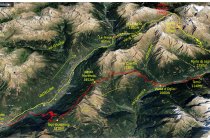 02s  Ecco le tracce dei due giorni, in giallo la prima da Tirano a Temù passando per la val di Rezzalo, il passo dell'Alpe e quello del Gavia, 72,8 km per 2500 metri di dislivello in rosso Temù, Mortirolo per una strada sterrata e poi giù di nuovo a Tirano, 49 km per 1300 metri di dislivello