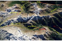 17s  qui si vede bene la parte alta del primo giorno, la salita da Le prese in val Rezzalo, la breve discesa dal passo dell'Alpe fino ad intercettare la strada asfaltata che da Santa Caterina sale verso il passo Gavia e la discesa verso Ponte di Legno e il campeggio di Temù, poi in rosso inizia la traccia del secondo giorno che da Vezza comincia ad inerpicarsi verso il Mortirolo