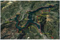 02s  Ecco la traccia del nostro giro del lago di Lugano, lunghezza 102 chilometri con un dislivello positivo di 1330 metri. Il percorso segue il più possibile le sponde del lago, ma tra Osteno e Campione non c'è modo di farlo, allora non resta che scavallare il valico di Valmara passando per Lanzo d'Intelvi. Da notare la linea sottile gialla che è il confine di stato,  durante il giro abbiamo dovuto passare 4 volte la frontiera