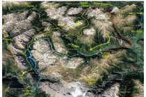 02s  Ecco la traccia dei due giorni e mezzo di pedalata, partenza da Premadio in basso, la prima tappa è gialla (la linea gialla sottile è il confine tra Italia e Svizzera)  72,3 km + 1940m, seconda tappa in rosso, 48,2 km + 1700 m, terza tappa in azzurro, 52,4 km + 1440 m.  Totale 173 chilometri con circa 5000 metri di dislivello positivo.